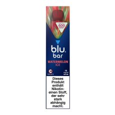 Packung blu bar E-Zigaretten Watermelon Ice. Blau-grün-rote Schachtel mit weißer blu bar Aufschrift.
