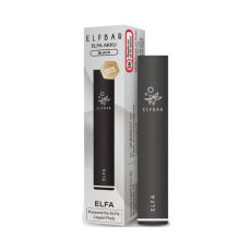 Elfbar E-Zigarette Elfa Akku Black. Schwarzes Gerät in Pen-Optik mit grau-schwarzer Verpackung.