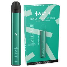 Packung E-Zigarette Salt Plus Device Aquamarine Metalic. Mintgrüne Schachtel mit grünem Salt Plus Pen und schwarzem Pod.