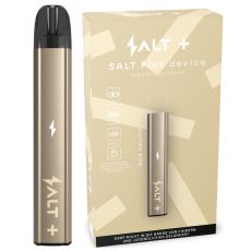 Packung E-Zigarette Salt Plus Device Gold Metalic. Beige Schachtel mit goldenem Salt Plus Pen und schwarzem Pod.