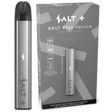 Packung E-Zigarette Salt Plus Device Silver Metalic. Graue Schachtel mit silbernen Salt Plus Pen und schwarzem Pod.