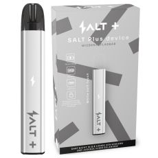 Packung E-Zigarette Salt Plus Device White Soft Touch. Hellgraue Schachtel mit weißem Salt Plus Pen und schwarzem Pod.