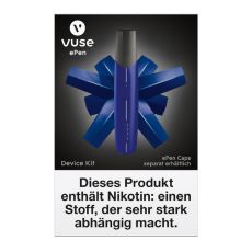 Packung E-Zigarette Vuse ePEN Device Kit Blau. Schwarze Schachtel mit blauem ePen.