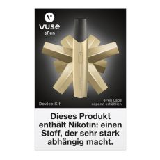 Packung E-Zigarette Vuse ePEN Device Kit Gold. Schwarze Schachtel mit goldenem ePen.