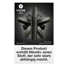 Packung E-Zigarette Vuse ePEN Device Kit schwarz. Schwarze Schachtel mit schwarzem ePen.
