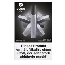 Packung E-Zigarette Vuse ePEN Device Kit Silber. Schwarze Schachtel mit silbernen ePen.