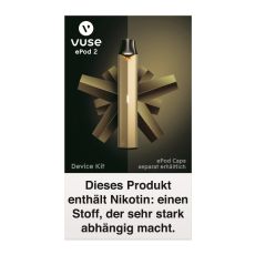 Packung E-Zigarette Vuse ePod Device Kit Gold. Schwarz-goldener Hintergrund mit goldenem Gerät im Vordergrund.