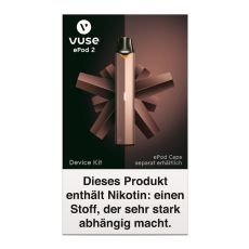 Packung E-Zigarette Vuse ePod Device Kit Rosegold. Schwarz-rosa Hintergrund mit rosa Gerät im Vordergrund.