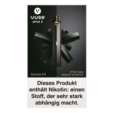 Packung E-Zigarette Vuse ePod Device Kit schwarz. Schwarz-grauer Hintergrund mit schwarzem Gerät im Vordergrund.
