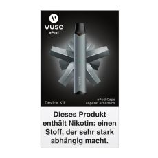 Packung E-Zigarette Vuse ePod Device Kit Anthrazit. Schwarzer Hintergrund mit anthraziten Gerät im Vordergrund.