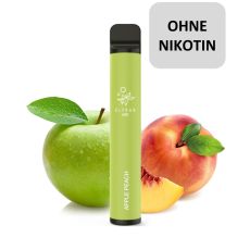 Elfbar 600 Einweg E-Zigarette Apple Peach. Hellgrünes Gerät mit Apfel und Pfirsich und nikotinfrei Buttom.