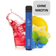Einweg E-Zigaretten Elfbar 600 Blue Razz Lemonade. Dunkelblaues Gerät mit Früchten und Limonadenglas und Nikotin Buttom.