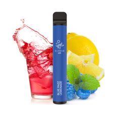 Elfbar 600 Einweg E-Zigarette Blue Razz Lemonade. Blaues Gerät mit Zitronen, blaue Himberren und rosa Limonade im Glas.