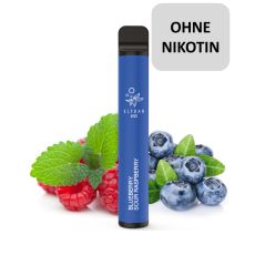 Einweg E-Zigaretten Elfbar 600 Blueberry Sour Raspberry. Blaues Gerät mit Himbeeren und Heidelbeeren ohne Nikotin Buttom.