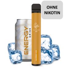 Elfbar 600 Einweg E-Zigarette Elfergy Ice. Okerfarbendes Gerät mit Energy Drink Dose und Eis und ohne Nikotin Buttom.