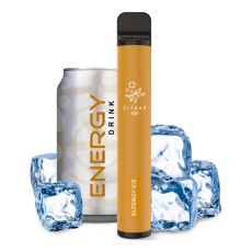Elfbar 600 Einweg E-Zigarette Elfergy Ice Nikotin. Okerfarbendes Gerät mit Energy Drink Dose und Eiswürfel.