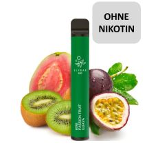 Packung Elfbar 600 Einweg E-Zigarette Kiwi Passion Fruit Guava 0mg/ml nikotinfrei. Dunkelgrünes Gerät mit Früchten.