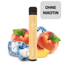 Einweg E-Zigaretten Elfbar 600 Peach Ice. Hellbeiges Gerät mit Pfirsich und Eiswürfel und ohne Nikotin Buttom.