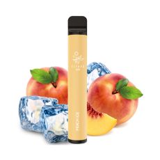 Einweg E-Zigaretten Elfbar 600 Peach Ice. Hellbeiges Gerät mit Pfirsich und Eiswürfel.