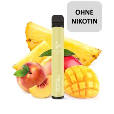 Einweg E-Zigaretten Elfbar 600 Pineapple Peach Mango. Hellgelbes Gerät mit Ananas, Pfirsich und Mango und ohne Nikotin Buttom.