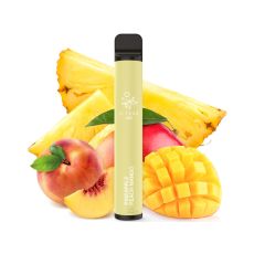 Einweg E-Zigaretten Elfbar 600 Pineapple Peach Mango. Hellgelbes Gerät mit Ananas, Pfirsich und Mango.