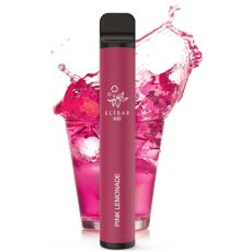 Einweg E-Zigaretten Elfbar 600 Pink Lemonade. Dunkelrosa Gerät mit Glas und rosa Limonade.