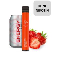 Elfbar 600 Einweg E-Zigarette Strawberry Elfergy. Hellrotes Gerät mit Erdbeeren und Dose und ohne Nikotin Buttom.