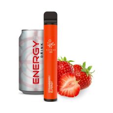 Packung Elfbar 600 Einweg E-Zigarette Strawberry Elfergy 20mg/ml Nikotin. Hellrotes Gerät mit Erdbeeren und Dose.