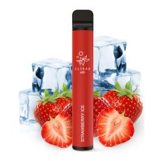 Elfbar 600 Einweg E-Zigarette Strawberry Ice Nikotin. Rotes Gerät mit Erdberren und Eiswürfel.