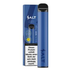 Packung Salt Switch Einweg E-Zigarette Blueberry Raspberry. Blaues Gerät mit dunkelblauem Salt Logo und Verpackung.
