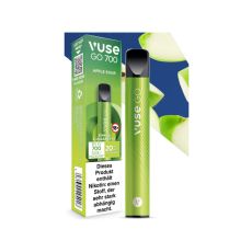 Packung Einweg E-Zigarette Vuse Go 700 Apple Sour. Grünes Gerät mit schwarzer Verpackung und Äpfeln.