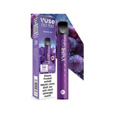 Packung Einweg E-Zigarette Vuse Go 700 Grape Ice. Lila Gerät mit lila Verpackung und Trauben mit Eis.