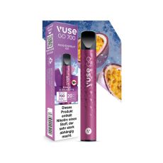 Packung Einweg E-Zigarette Vuse Go 700 Passionsfruit Ice. Lila Gerät mit lila Verpackung und Passionsfrüchten.