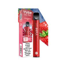 Packung Einweg E-Zigarette Vuse Go 700 Strawberry Ice. Rotes Gerät mit hell-roter Verpackung und Erdbeeren und Eis.