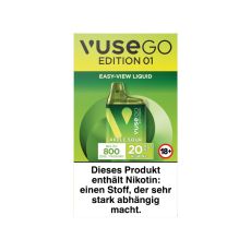 Packung Einweg E-Zigarette Vuse Go 800 Apple Sour. Gelb-grüne Verpackung mit grünen Vuse Go Gerät.