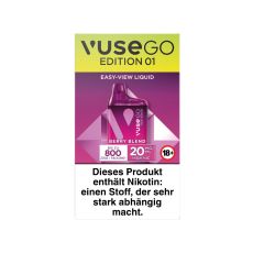 Packung Einweg E-Zigarette Vuse Go 800 Berry Blend. Gelb-rosa Verpackung mit rosa Vuse Go Gerät.