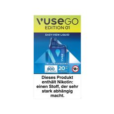 Packung Einweg E-Zigarette Vuse Go 800 Blue Raspberry. Gelb-blaue Verpackung mit blauem Vuse Go Gerät.