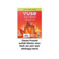 Packung Einweg E-Zigarette Vuse Go 800 Orange Ice. Grün-rot-orange Verpackung mit dunkelorangem Vuse Go Gerät.