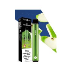 Packung Einweg E-Zigarette Vuse Go Apple Sour. Grünes Gerät mit schwarzer Verpackung und Äpfeln.