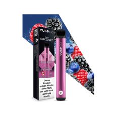 Packung Einweg E-Zigarette Vuse Go Berry Blend. Rosa Gerät mit Verpackung und Früchten.