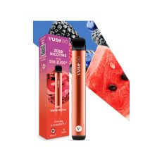 Packung Einweg E-Zigarette Vuse Go Berry Watermelon. Rotes Gerät mit rot-pinker Verpackung, Beeren und Wassermelone.