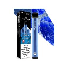 Packung Einweg E-Zigarette Vuse Go Blue Raspberry. Blaues Gerät mit schwarz-blauer Verpackung und blauen Himbeeren.