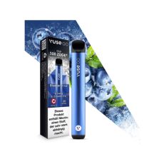 Packung Einweg E-Zigarette Vuse Go Blueberry Ice. Blaues Gerät mit Verpackung und Blauberren mit Eis.