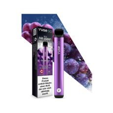 Packung Einweg E-Zigarette Vuse Go Grape Ice. Lila Gerät mit Verpackung und Trauben mit Eis.