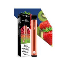Packung Einweg E-Zigarette Vuse Go Strawberry Kiwi. Rotes Gerät mit schwarz-rot-grüner Packung, Erdbeeren und Kiwis.