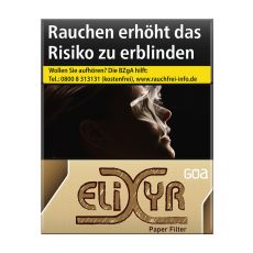 Schachtel Elixyr Zigaretten Goa Paper Filter. Beige Packung mit oker Elixyr Logo mit großem X.