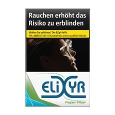 Schachtel Elixyr Zigaretten Paper Filter. Weiße Packung mit grün-blauem Elixyr Logo.