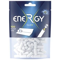 Beutel Energy+ Zigarettenfilter Ice Clixx Filter Tips. Blauer Beutel mit weißer Energy Aufschrift und weißen Filter.