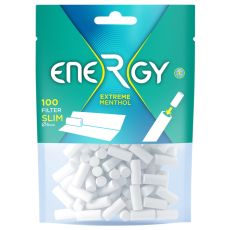 Beutel Energy+ Zigarettenfilter Extreme Menthol Filter Tips. Mint-blaugrüner Beutel mit großer weißer Energy Aufschrift und weiße Filter.