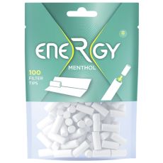 Beutel Energy+ Zigarettenfilter Menthol Filter Tips. Mintgrüner Beutel mit großer weißer Energy Aufschrift und weiße Filter.